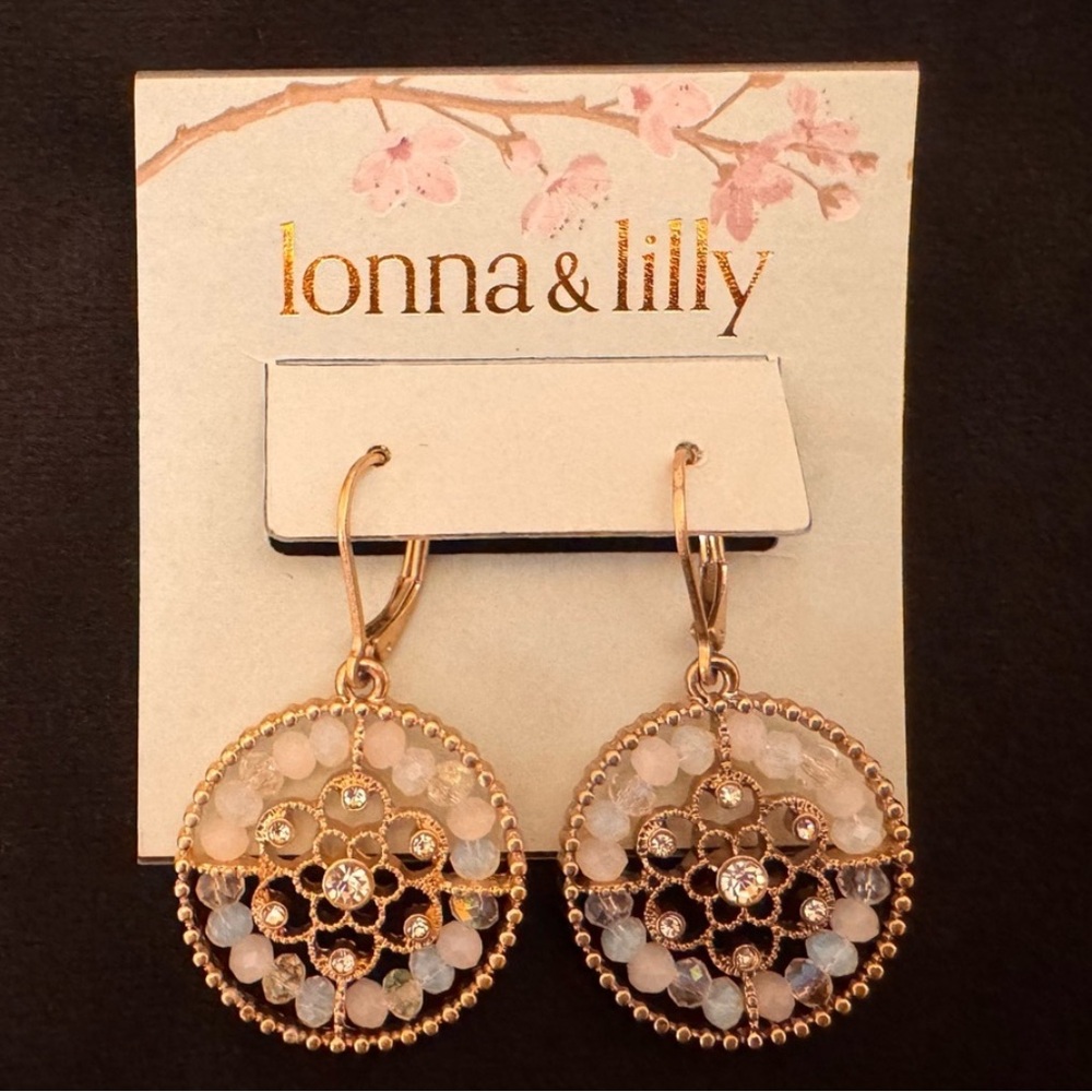 lonna & Lilly Gold-Tone Pavé Flower Beaded Drop Earrings Leverback Boho Chic - Picture 3 of 4